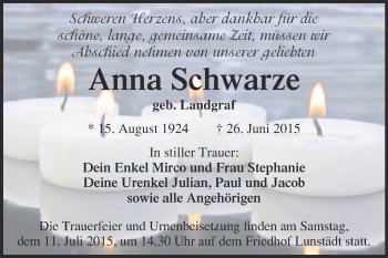 Traueranzeige von Anna Schwarze von Super Sonntag Merseburg