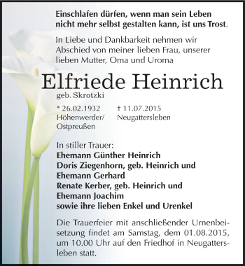 Traueranzeige von Elfriede Heinrich von Mitteldeutsche Zeitung Bernburg