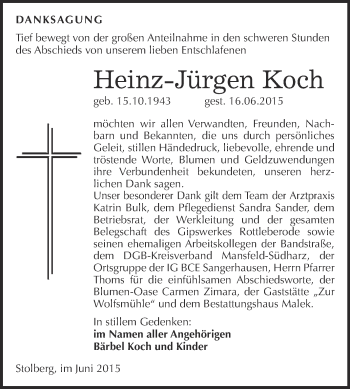 Traueranzeige von Heinz-Jürgen Koch von WVG - Wochenspiegel Quedlinburg