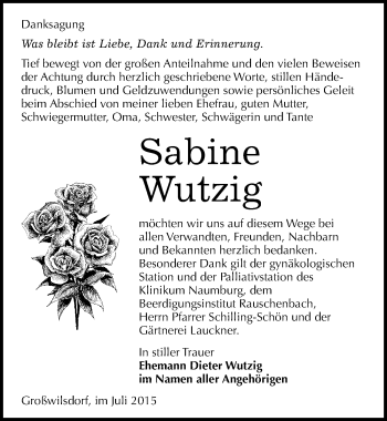 Traueranzeige von Sabine Wutzig von Mitteldeutsche Zeitung Naumburg/Nebra