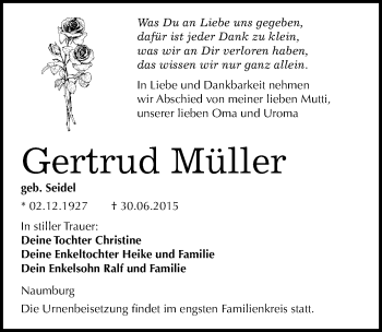 Traueranzeige von Gertrud Müller von Mitteldeutsche Zeitung Naumburg/Nebra