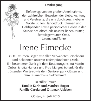 Traueranzeige von Irene Eimecke von Super Sonntag Bernburg