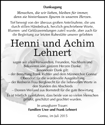 Traueranzeige von Henni und Achim Lehnert von Mitteldeutsche Zeitung Sangerhausen