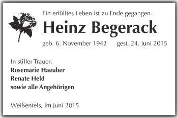Traueranzeige von Heinz Begerack von Super Sonntag Merseburg