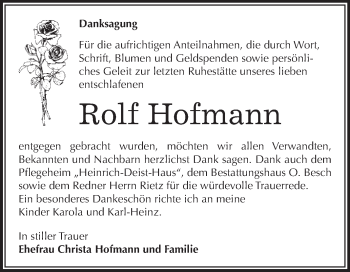 Traueranzeige von Rolf Hofmann von WVG - Wochenspiegel Dessau / Köthen