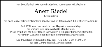 Traueranzeige von Anett Riedel von Mitteldeutsche Zeitung Merseburg/Querfurt