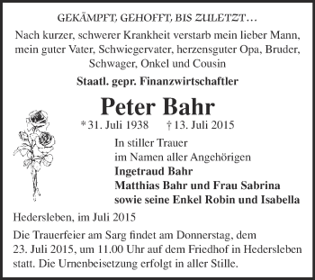 Traueranzeige von Peter Bahr von WVG - Wochenspiegel Quedlinburg