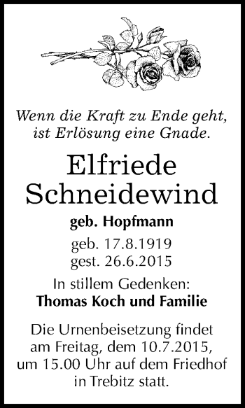 Traueranzeige von Elfriede Schneidewind von Mitteldeutsche Zeitung Halle/Saalkreis