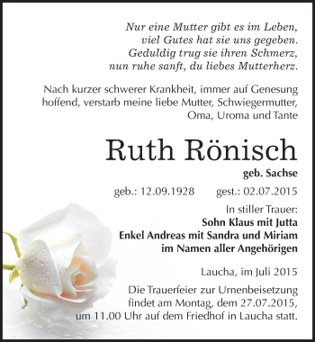 Traueranzeige von Ruth Rönisch von Mitteldeutsche Zeitung Naumburg/Nebra