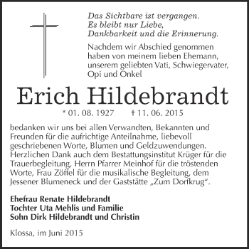 Traueranzeige von Erich Hildebrandt von WVG - Wochenspiegel Wittenberg