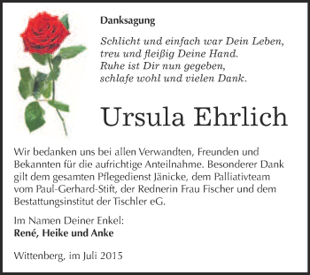 Traueranzeige von Ursula Ehrlich von WVG - Wochenspiegel Wittenberg