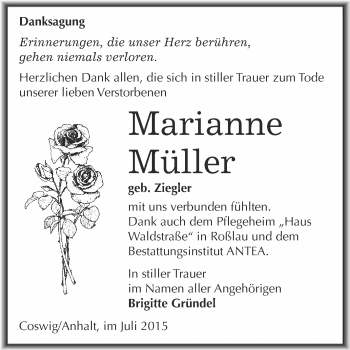 Traueranzeige von Marianne Müller von Super Sonntag Wittenberg