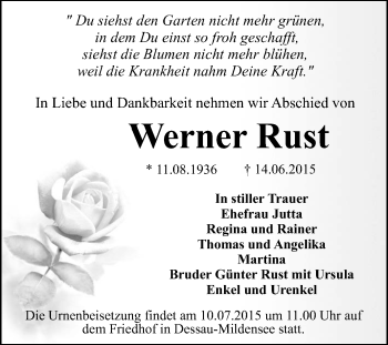 Traueranzeige von Werner Rust von WVG - Wochenspiegel Dessau / Köthen