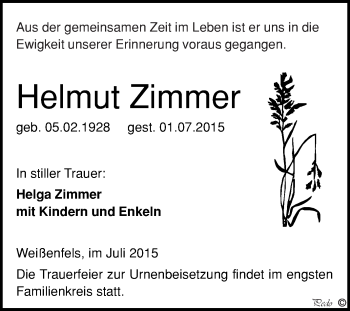 Traueranzeige von Helmut Zimmer von WVG - Wochenspiegel NMB / WSF / ZTZ