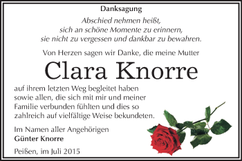 Traueranzeige von Clara Knorre von Super Sonntag Bernburg