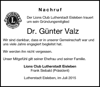 Traueranzeige von Günter Valz von Mitteldeutsche Zeitung Mansfelder Land