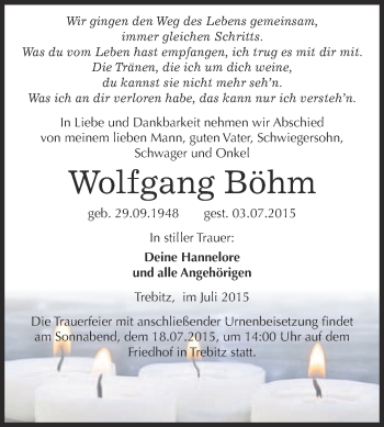 Traueranzeige von Wolfgang Böhm von WVG - Wochenspiegel Wittenberg