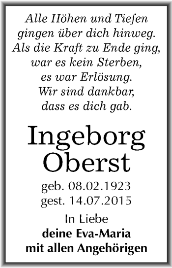 Traueranzeige von Ingeborg Oberst von Mitteldeutsche Zeitung Wittenberg