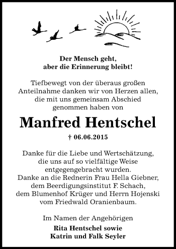Traueranzeige von Manfred Hentschel von Mitteldeutsche Zeitung Wittenberg