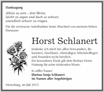 Traueranzeige von Horst Schlanert von WVG - Wochenspiegel Merseburg