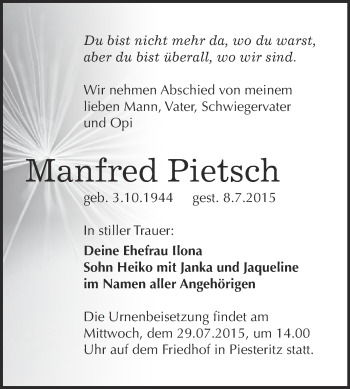 Traueranzeige von Manfred Pietsch von Super Sonntag Wittenberg