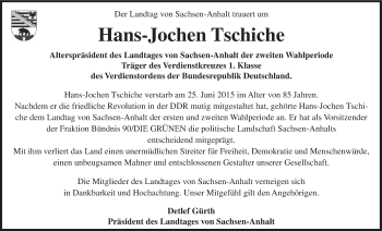 Traueranzeige von Hans-Joachim Tschiche von Mitteldeutsche Zeitung