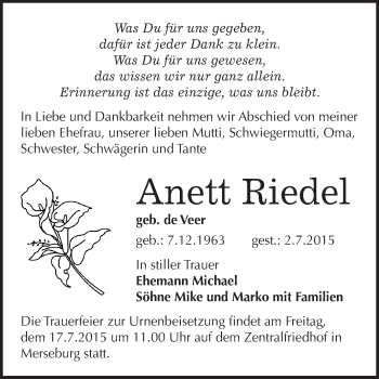 Traueranzeige von Anett Riedel von WVG - Wochenspiegel Merseburg