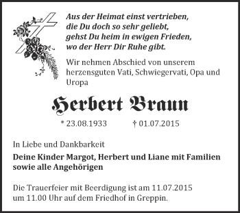 Traueranzeige von Herbert Braun von WVG - Wochenspiegel Bitterfeld