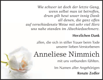 Traueranzeige von Anneliese Nimmich von Super Sonntag Wittenberg