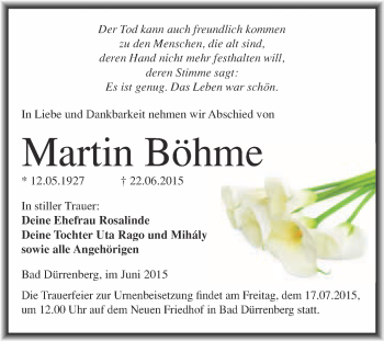 Traueranzeige von Martin Böhme von Super Sonntag Merseburg
