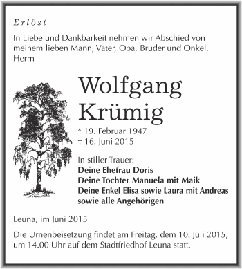 Traueranzeige von Wolfgang Krümig von Super Sonntag Merseburg