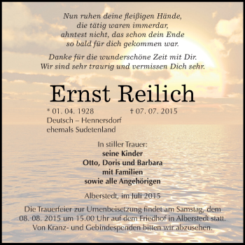 Traueranzeige von Ernst Reilich von Super Sonntag SGH Mansf. Land