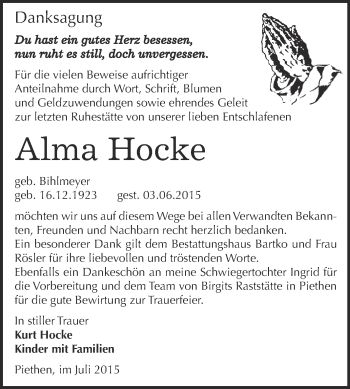 Traueranzeige von Alma Hocke von WVG - Wochenspiegel Dessau / Köthen