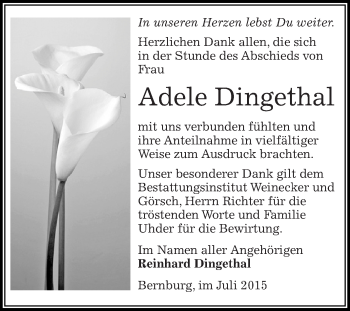Traueranzeige von Adele Dingethal von Super Sonntag Bernburg