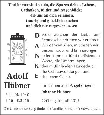 Traueranzeige von Adolf Hübner von WVG - Wochenspiegel Dessau / Köthen