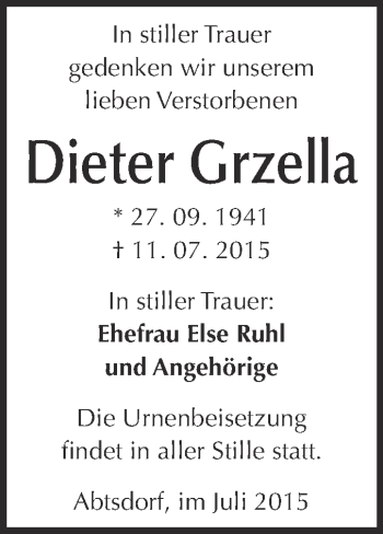 Traueranzeige von Dieter Grzella von Super Sonntag Wittenberg