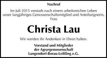 Traueranzeige von Christa Lau von Mitteldeutsche Zeitung Weißenfels