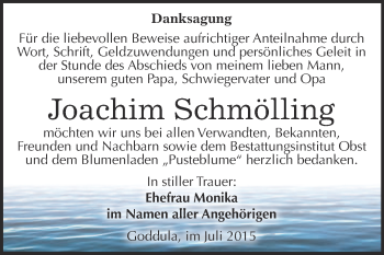 Traueranzeige von Joachim Schmölling von Super Sonntag Merseburg
