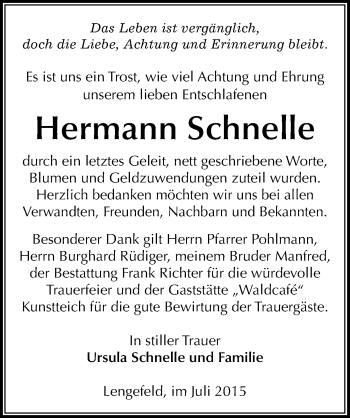 Traueranzeige von Hermann Schnelle von Mitteldeutsche Zeitung Sangerhausen