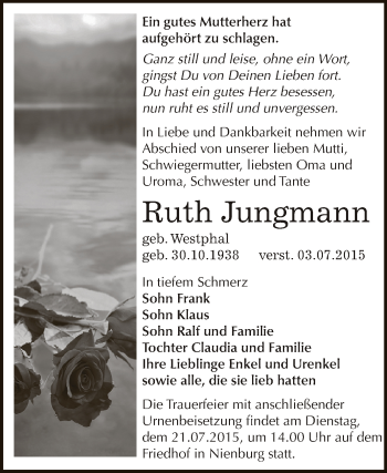 Traueranzeige von Ruth Jungmann von Super Sonntag Bernburg