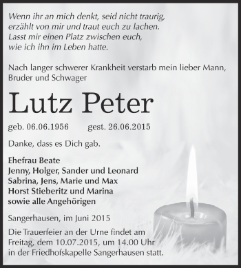 Traueranzeige von Lutz Peter von Super Sonntag SGH Mansf. Land