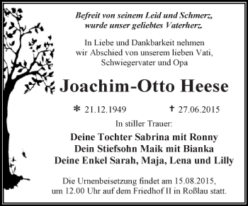 Traueranzeige von Joachim-Otto Heese von WVG - Wochenspiegel Dessau / Köthen