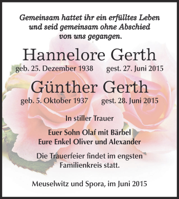 Traueranzeige von Hannelore und Günther Gerth von Super Sonntag Zeitz