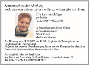 Traueranzeige von Else Lautenschläger von WVG - Wochenspiegel Merseburg