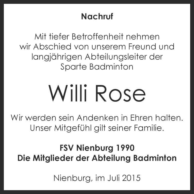  Traueranzeige für Willi Rose vom 18.07.2015 aus Super Sonntag Bernburg