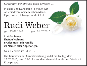 Traueranzeige von Rudi Weber von Mitteldeutsche Zeitung Merseburg/Querfurt