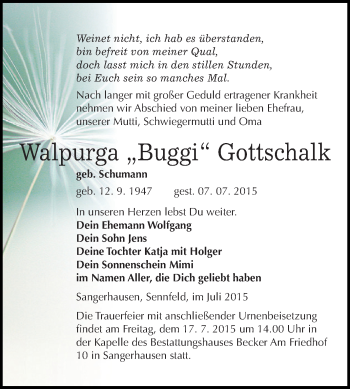 Traueranzeige von Walpurga Gottschalk von Super Sonntag SGH Mansf. Land