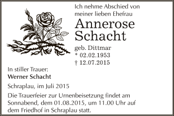 Traueranzeige von Annerose Schacht von Super Sonntag SGH Mansf. Land