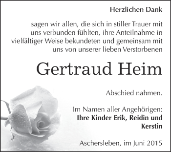 Traueranzeige von Gertraud Heim von Super Sonntag Aschersleben