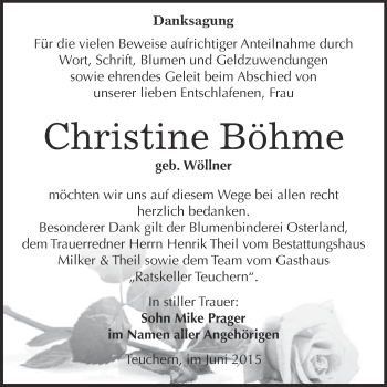 Traueranzeige von Christine Böhme von WVG - Wochenspiegel NMB / WSF / ZTZ